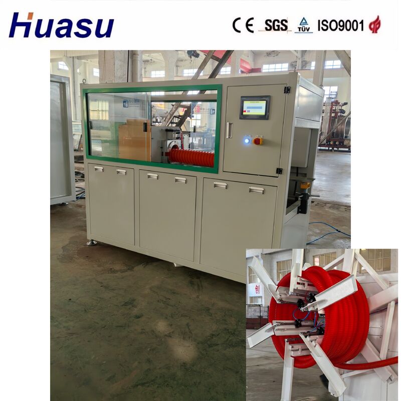 เครื่องทำท่อลูกฟูกสองชั้นพร้อมเอาต์พุต 60-2000 กก./ชม. พร้อมวัสดุปลอกน้ำเหล็กและรีโมทคอนโทรล PLC