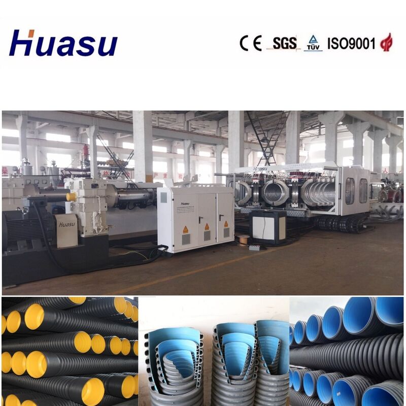 เครื่องรีดท่อลูกฟูกผนังสองชั้นพร้อมระบบขยายปลายท่อแบบต่อสาย (Belling-on-line) ควบคุมด้วย PLC สำหรับท่อขนาดเส้นผ่านศูนย์กลาง 32-1600 มม.